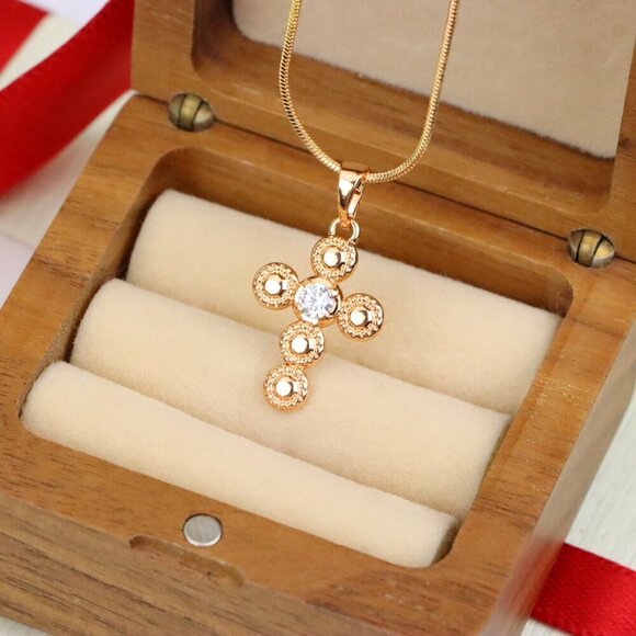 "Rose Gold Cross Pendant with Textured Beads and Center Crystal Stone, XPPT1606 - Picture 8 of 13